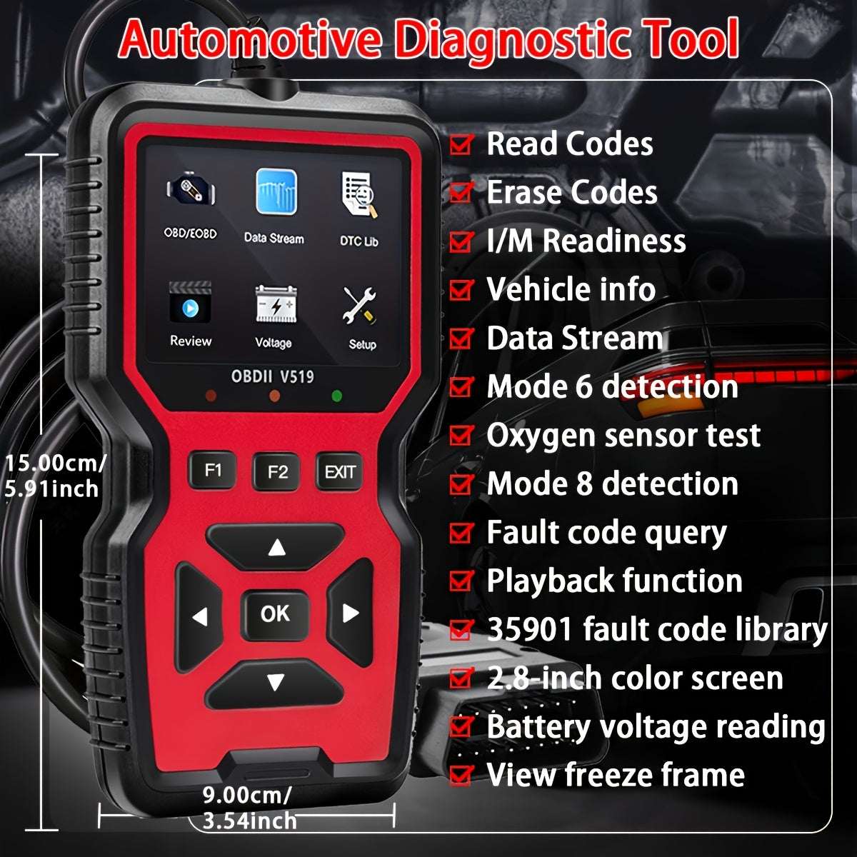 Professional OBD2 Car Scanner Diagnostic Tool - Suitable for Reading Vehicle Codes, Clearing Fault Codes, 35901 Trouble Code Library, Real-Time Data Stream, Oxygen Sensor Tester, Battery Voltage Reading, Mode 6/8 Detection