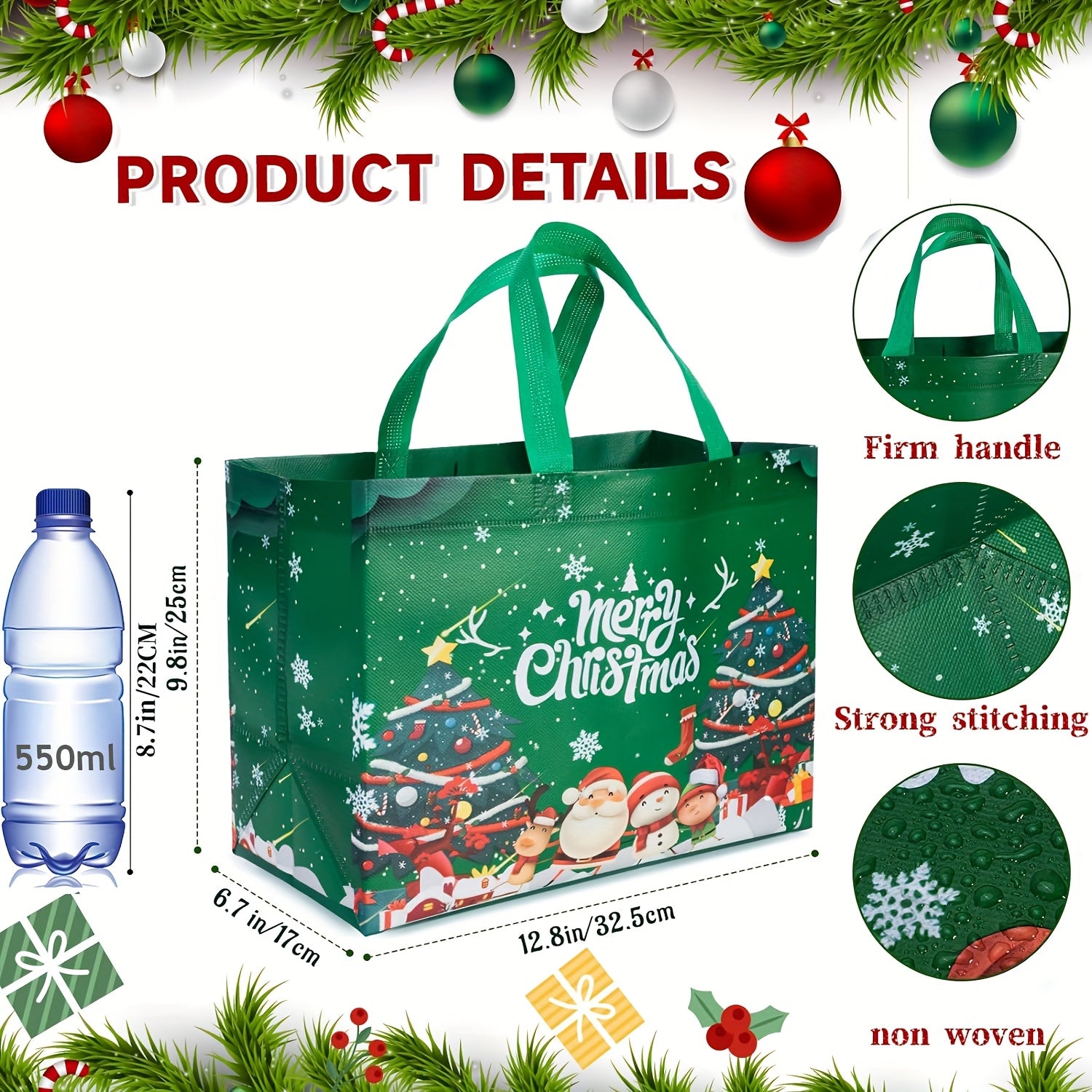 8/16pcs Large Christmas Gift Bags with Handles, Reusable Non-Woven Holiday Shopping Totes for New Year & Xmas Party Decorations, 12.8''×9.8''.6, Holiday Decorations, Festive Party Supplies, Decorative Gift Bag, Festive Desig