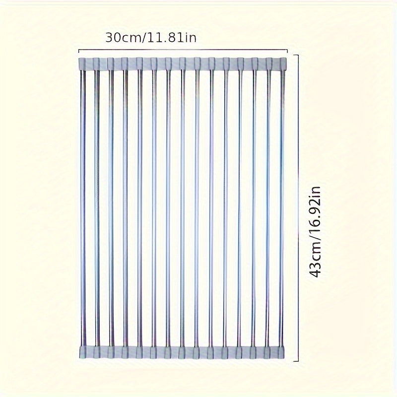 1pc Deluxe Roll-Up Stainless Steel Dish Drying Rack - Space-Saving Over-The-Sink Design, Portable & Anti-Rust, Easy to Clean Kitchen Sink Organizer for Small Spaces, Dish Drying Rack for Kitchen Counter, Sleek Metallic Finish - Cozy Home