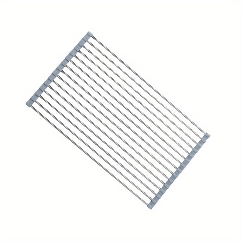 1pc Deluxe Roll-Up Stainless Steel Dish Drying Rack - Space-Saving Over-The-Sink Design, Portable & Anti-Rust, Easy to Clean Kitchen Sink Organizer for Small Spaces, Dish Drying Rack for Kitchen Counter, Sleek Metallic Finish - Cozy Home