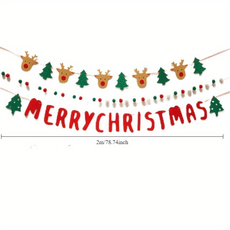 3-Pack Festive Polyester Merry Christmas Garland with Reindeer and Tree Decorations - Versatile Holiday Bunting for Home & Party Decor, No Power Needed, Featherless