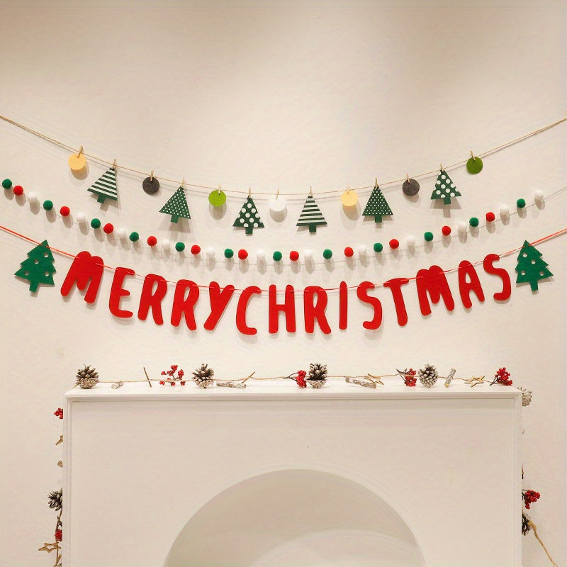 3-Pack Festive Polyester Merry Christmas Garland with Reindeer and Tree Decorations - Versatile Holiday Bunting for Home & Party Decor, No Power Needed, Featherless