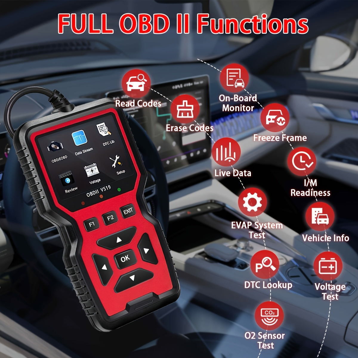 Professional OBD2 Car Scanner Diagnostic Tool - Suitable for Reading Vehicle Codes, Clearing Fault Codes, 35901 Trouble Code Library, Real-Time Data Stream, Oxygen Sensor Tester, Battery Voltage Reading, Mode 6/8 Detection