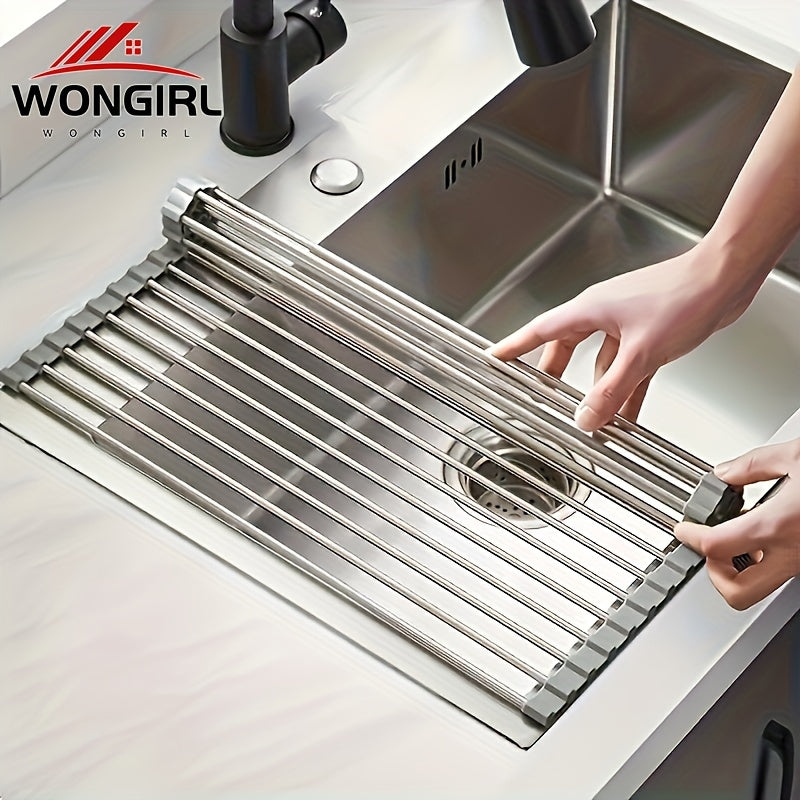 1pc Deluxe Roll-Up Stainless Steel Dish Drying Rack - Space-Saving Over-The-Sink Design, Portable & Anti-Rust, Easy to Clean Kitchen Sink Organizer for Small Spaces, Dish Drying Rack for Kitchen Counter, Sleek Metallic Finish - Cozy Home