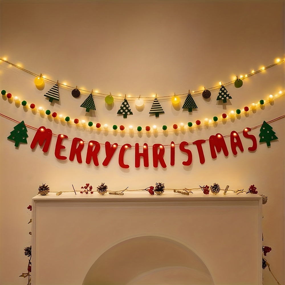 3-Pack Festive Polyester Merry Christmas Garland with Reindeer and Tree Decorations - Versatile Holiday Bunting for Home & Party Decor, No Power Needed, Featherless