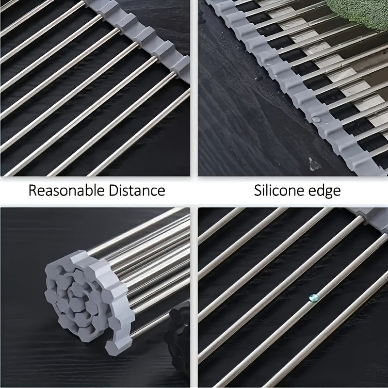 1pc Deluxe Roll-Up Stainless Steel Dish Drying Rack - Space-Saving Over-The-Sink Design, Portable & Anti-Rust, Easy to Clean Kitchen Sink Organizer for Small Spaces, Dish Drying Rack for Kitchen Counter, Sleek Metallic Finish - Cozy Home