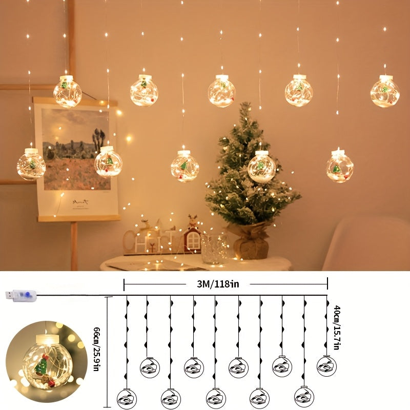 LED Christmas Curtain Lights with Wishing Ball & Snowman Tree Hanging Decorations - -Powered Indoor/Outdoor Holiday Lights with Push Button Control, Door, Or Tabletop Display - Durable Plastic & Copper Wire Design For Christm