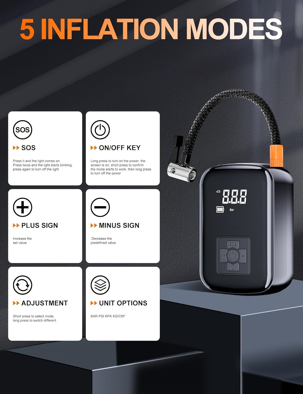 A Portable Car Air Compressor with a Wireless Handheld Pump And Light, Suitable for Inflating And Compressing Tires of Cars And Motorcycles.