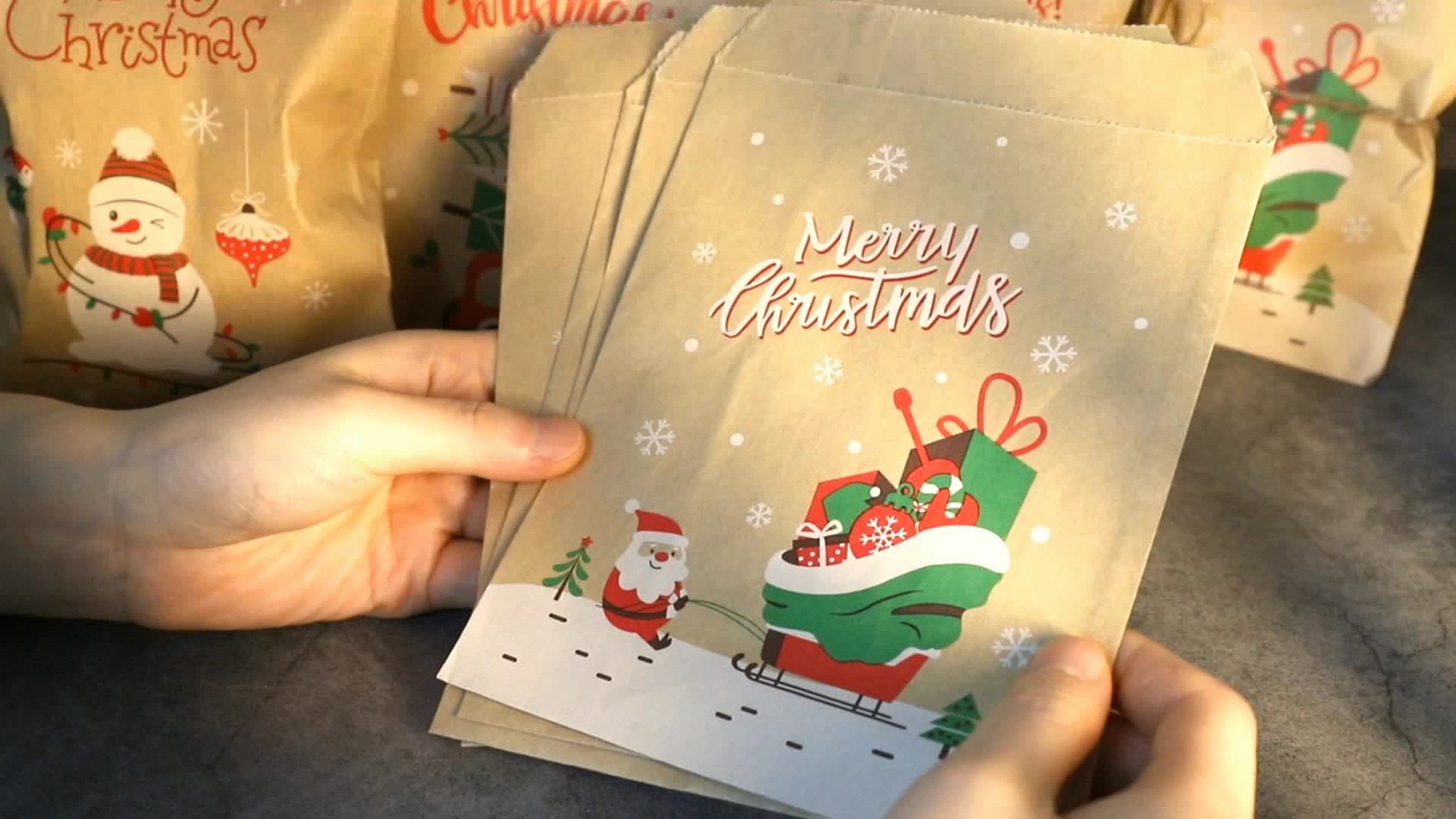 24pcs, 24-Pack Retro Christmas Kraft Paper Gift Bags with Santa, Snowman & Fox Stickers - Holiday Party Favors, Candy & Cookie Gifts