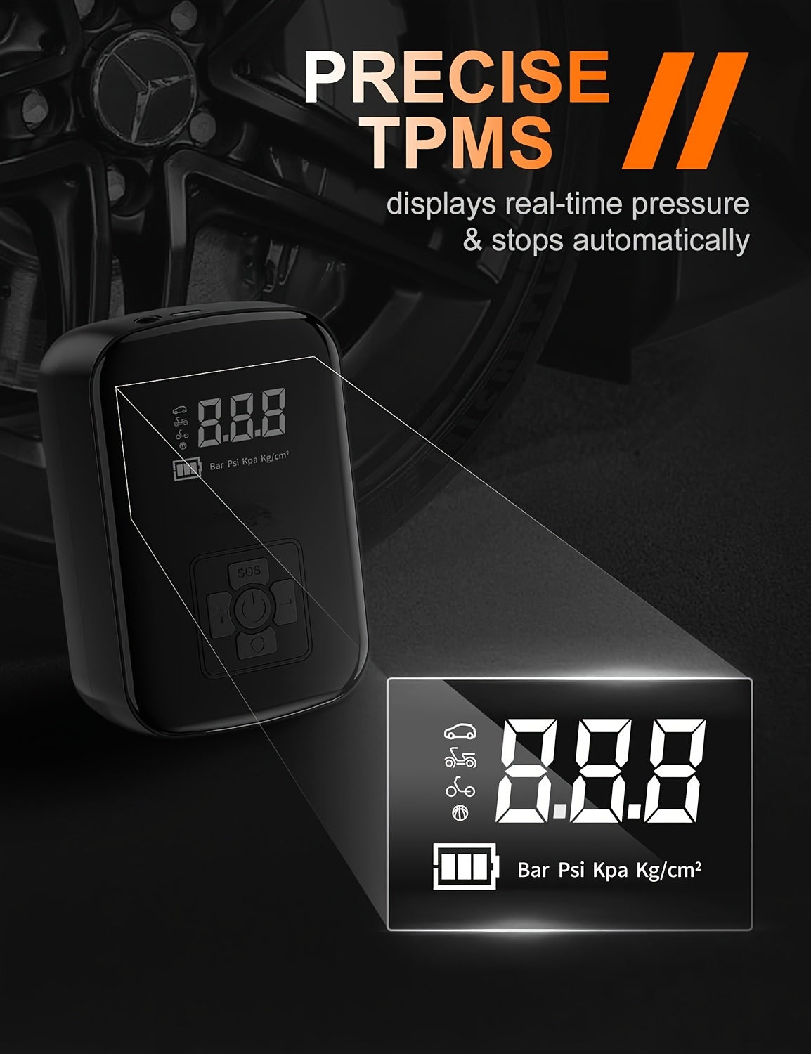 A Portable Car Air Compressor with a Wireless Handheld Pump And Light, Suitable for Inflating And Compressing Tires of Cars And Motorcycles.