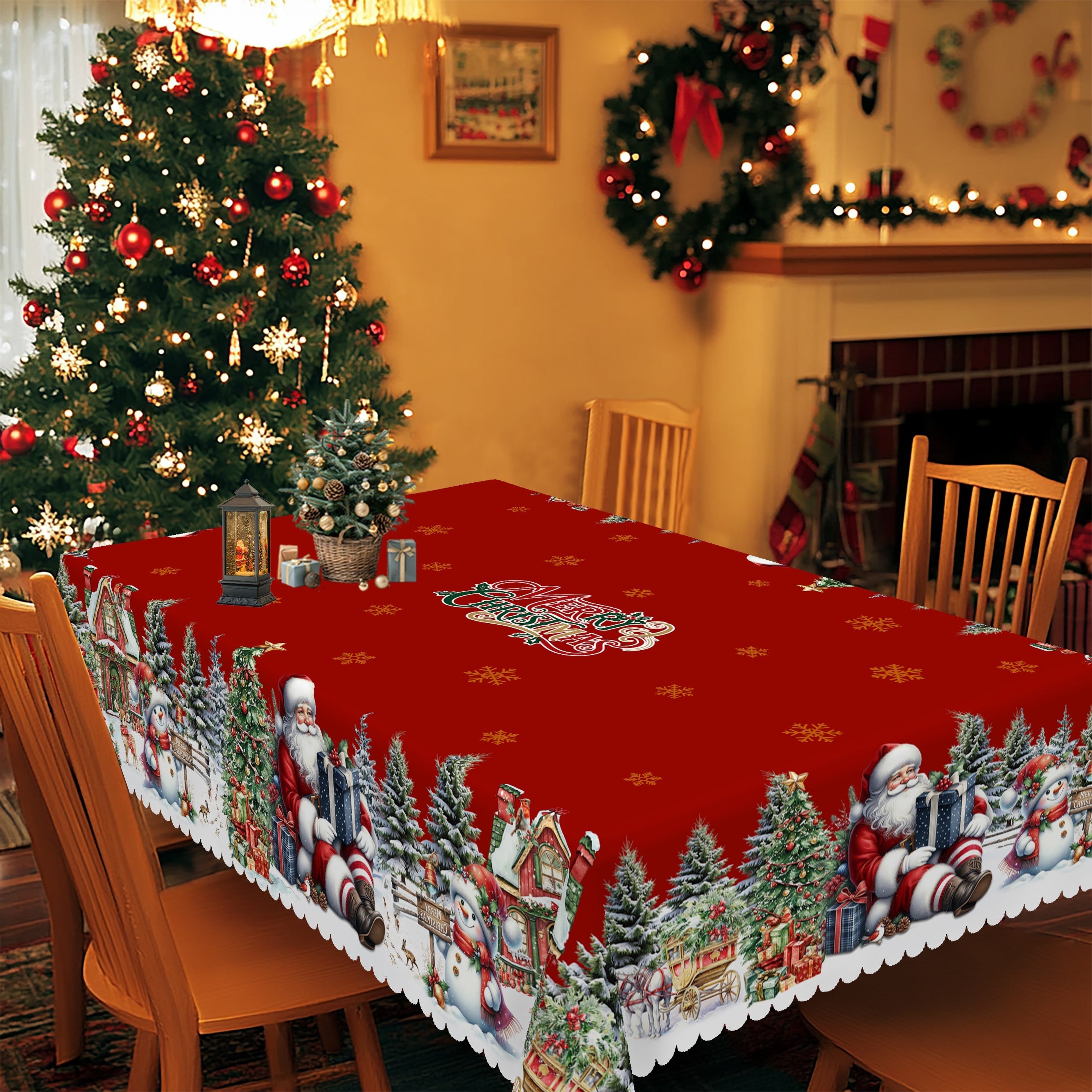 4 Sizes Available, Christmas and New Year Tablecloths, Santa Claus, snowman, and Christmas tree patterned Tablecloth, Christmas party tablecloth, Circular and rectangular tablecloths, Kitchen Accessories, Christmas Gift.