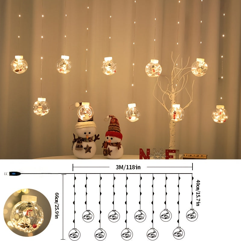 LED Christmas Curtain Lights with Wishing Ball & Snowman Tree Hanging Decorations - -Powered Indoor/Outdoor Holiday Lights with Push Button Control, Door, Or Tabletop Display - Durable Plastic & Copper Wire Design For Christm