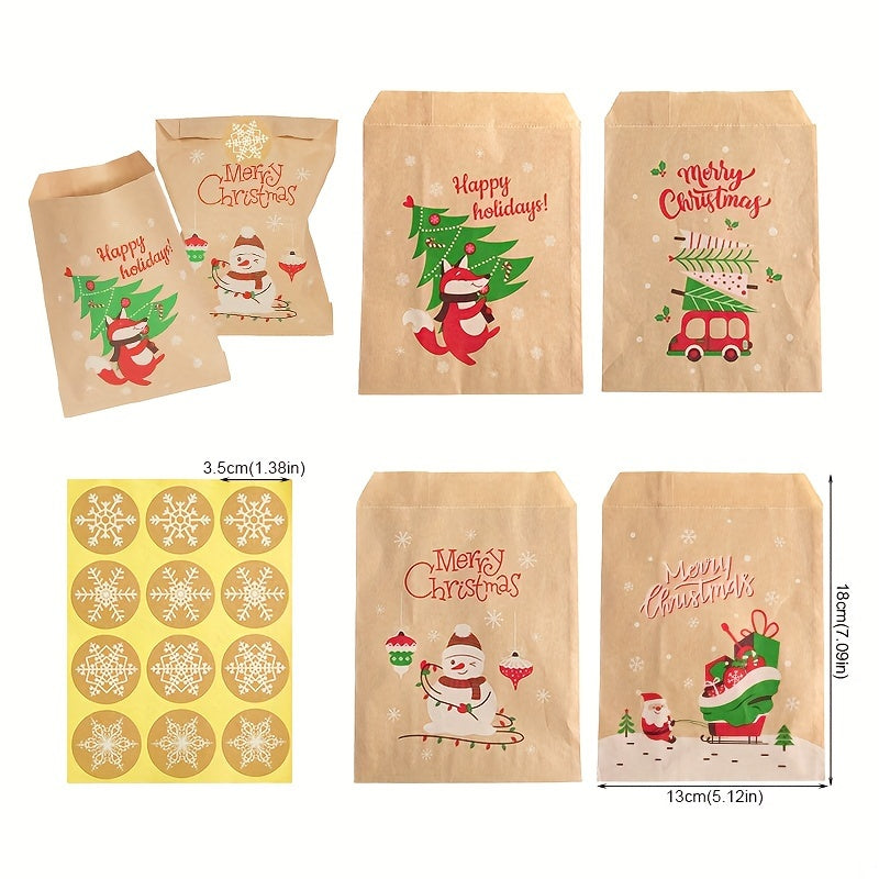 24pcs, 24-Pack Retro Christmas Kraft Paper Gift Bags with Santa, Snowman & Fox Stickers - Holiday Party Favors, Candy & Cookie Gifts