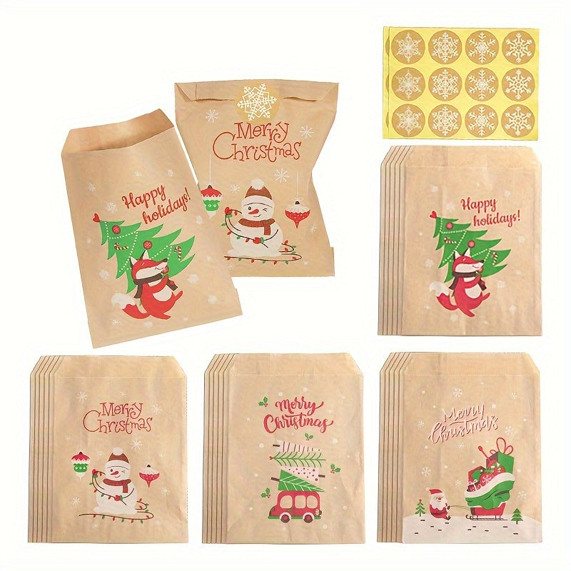 24pcs, 24-Pack Retro Christmas Kraft Paper Gift Bags with Santa, Snowman & Fox Stickers - Holiday Party Favors, Candy & Cookie Gifts