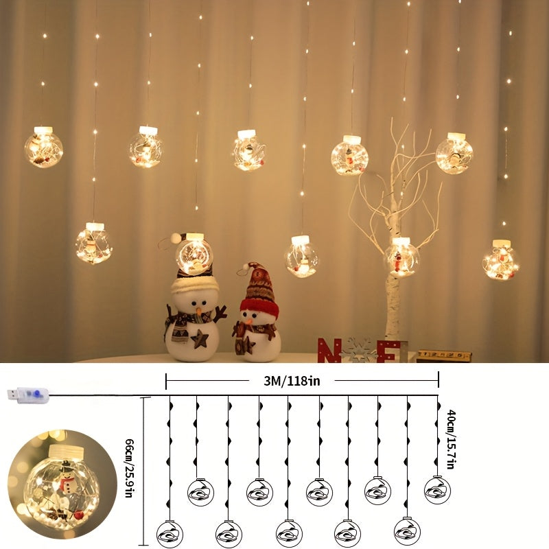 LED Christmas Curtain Lights with Wishing Ball & Snowman Tree Hanging Decorations - -Powered Indoor/Outdoor Holiday Lights with Push Button Control, Door, Or Tabletop Display - Durable Plastic & Copper Wire Design For Christm