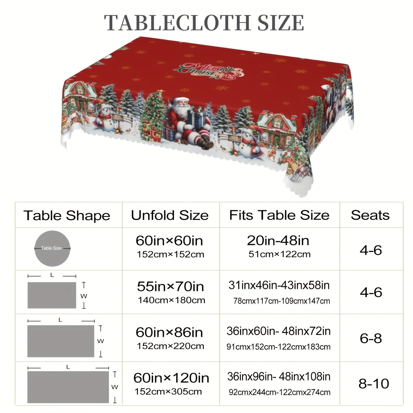4 Sizes Available, Christmas and New Year Tablecloths, Santa Claus, snowman, and Christmas tree patterned Tablecloth, Christmas party tablecloth, Circular and rectangular tablecloths, Kitchen Accessories, Christmas Gift.
