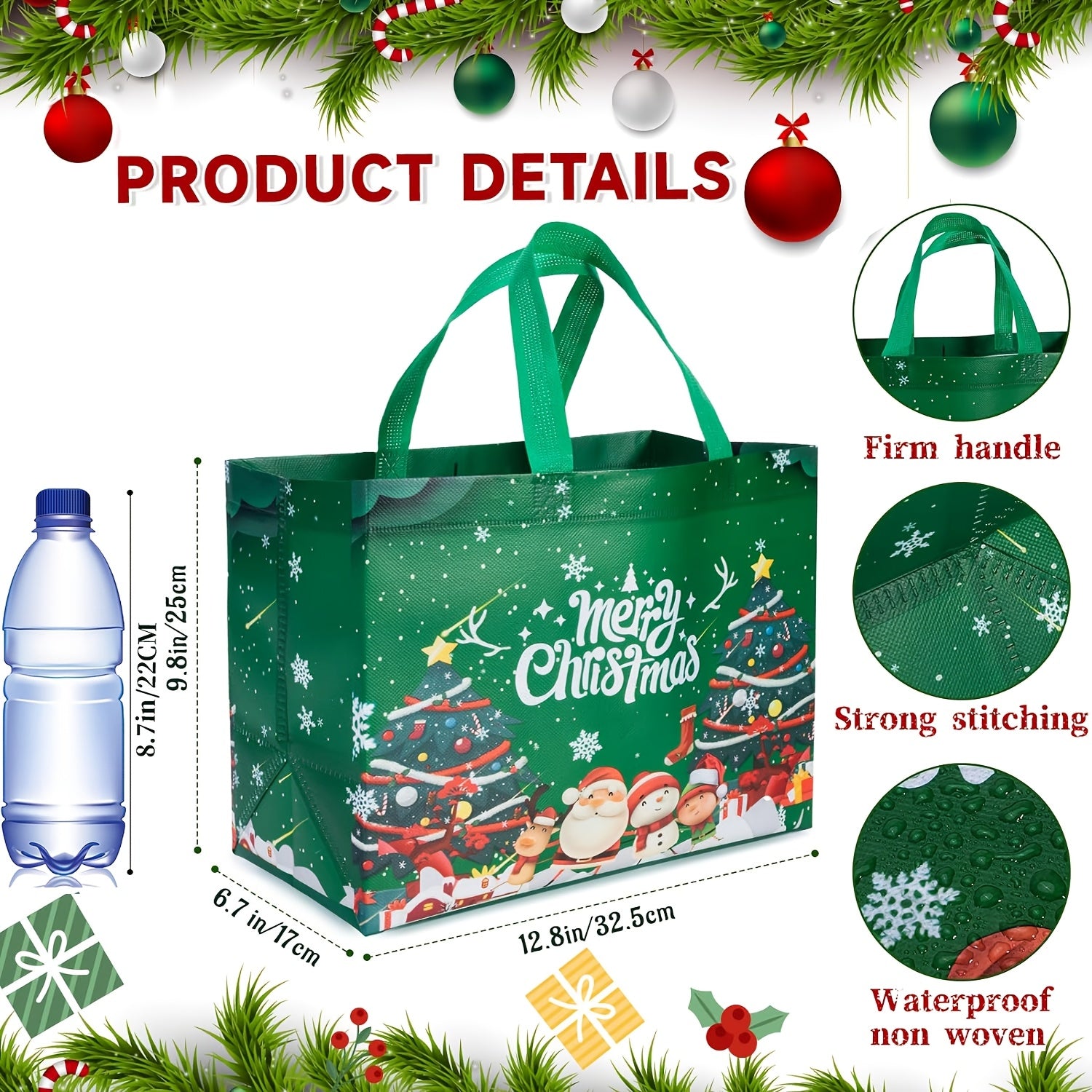 8/16pcs Large Christmas Gift Bags with Handles, Reusable Non-Woven Holiday Shopping Totes for New Year & Xmas Party Decorations, 12.8''×9.8''.6, Holiday Decorations, Festive Party Supplies, Decorative Gift Bag, Festive Desig