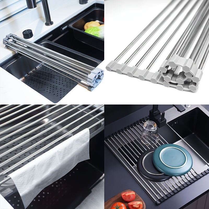 1pc Deluxe Roll-Up Stainless Steel Dish Drying Rack - Space-Saving Over-The-Sink Design, Portable & Anti-Rust, Easy to Clean Kitchen Sink Organizer for Small Spaces, Dish Drying Rack for Kitchen Counter, Sleek Metallic Finish - Cozy Home