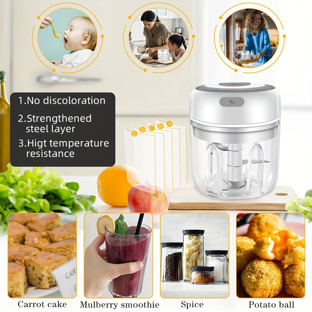 1pc RZSYZH 8.45oz USB Rechargeable Electric Food Processor - Stainless Steel Blades, Auto-Chopping, Multi-Color Kitchen Gadget for Smoothies, Dough Kneading & Meal Prep, Durable Plastic Body, Compact Design, Smoothie Maker, S - Cozy Home