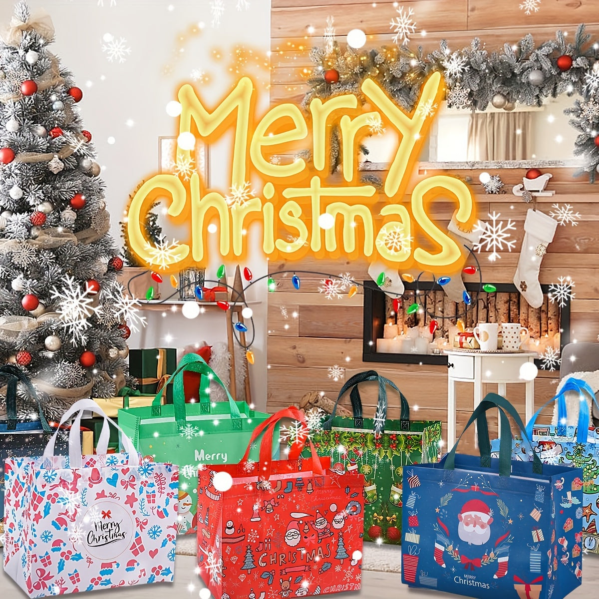 8/16pcs Large Christmas Gift Bags with Handles, Reusable Non-Woven Holiday Shopping Totes for New Year & Xmas Party Decorations, 12.8''×9.8''.6, Holiday Decorations, Festive Party Supplies, Decorative Gift Bag, Festive Desig