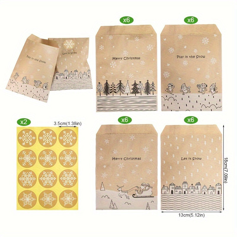 24pcs, 24-Pack Retro Christmas Kraft Paper Gift Bags with Santa, Snowman & Fox Stickers - Holiday Party Favors, Candy & Cookie Gifts