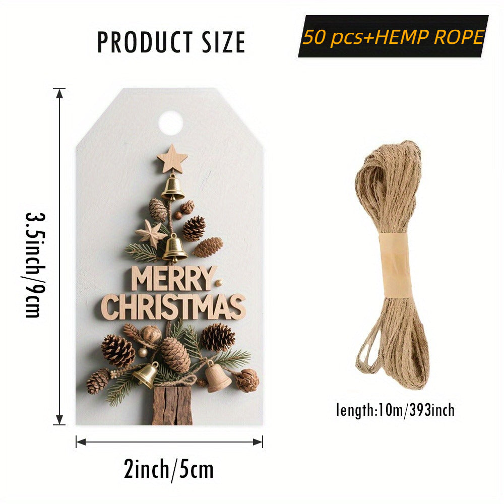 50pcs Christmas Gift Tags with Twine - Elegant Wood Grain Texture & Pine Cone, Bell Silhouette, "Merry Christmas" Design for Holiday Gift Wrapping, Durable and Easy to Write, Vintage Christmas Tags, Essential for Enthusiasts,