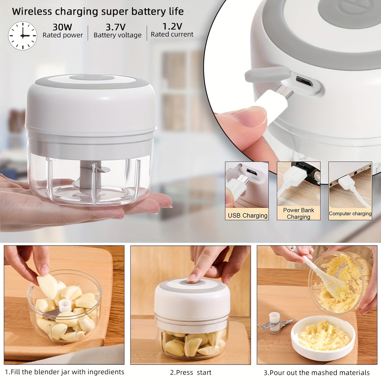 1pc RZSYZH 8.45oz USB Rechargeable Electric Food Processor - Stainless Steel Blades, Auto-Chopping, Multi-Color Kitchen Gadget for Smoothies, Dough Kneading & Meal Prep, Durable Plastic Body, Compact Design, Smoothie Maker, S - Cozy Home