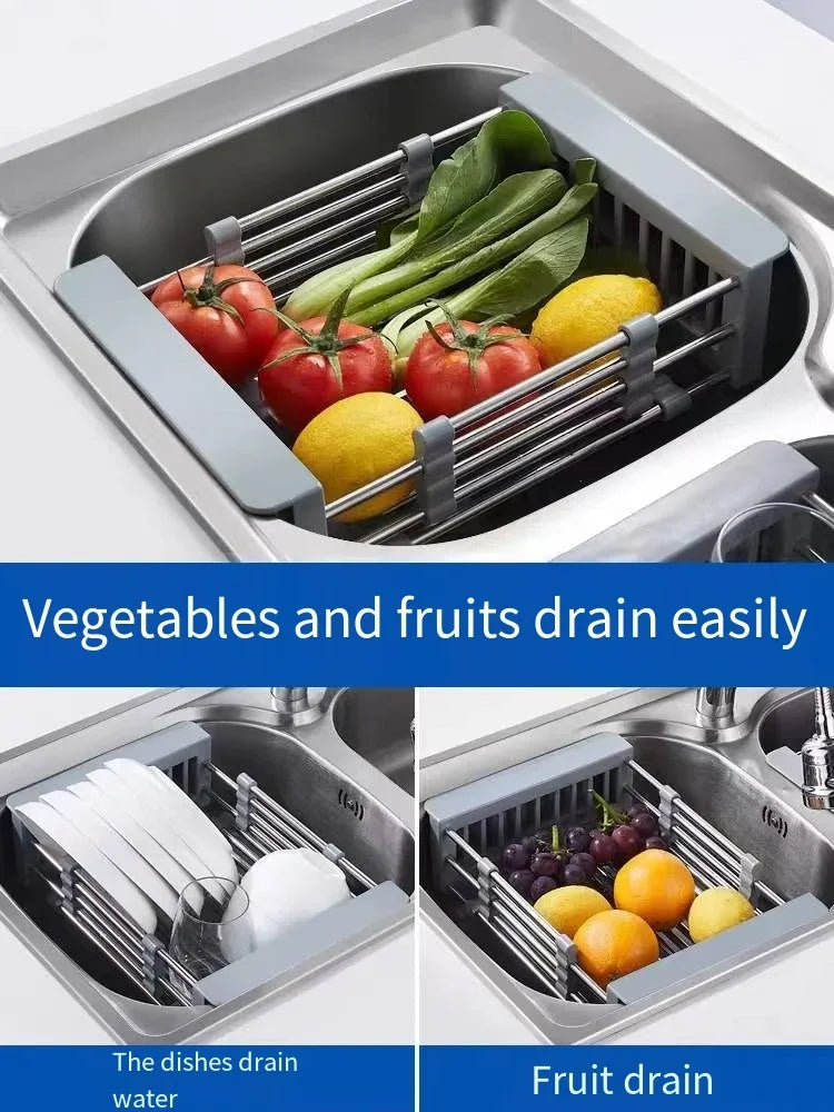 Folding Kitchen Sink Drain Rack, Stainless Steel Dish Drain Basket for Washing Dishes, Space-Saving Sink Organizer