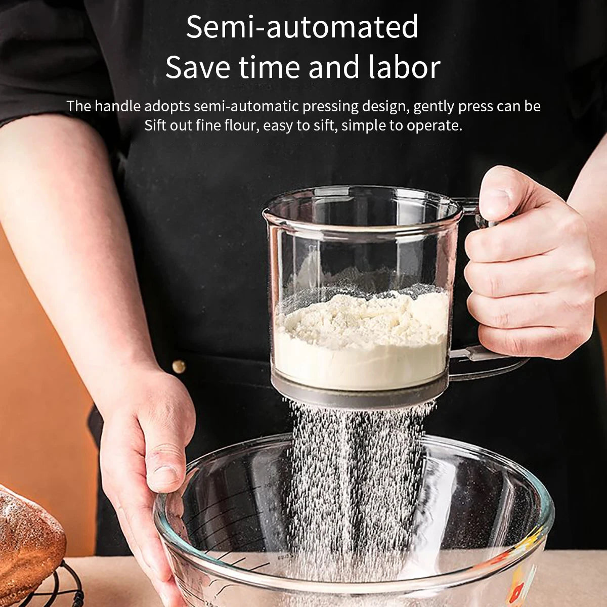 Kitchen Baking Cake Flour Sieve 40 Mesh Semi-automatic Filter Sieve Flour Sieve With Capacity Scale