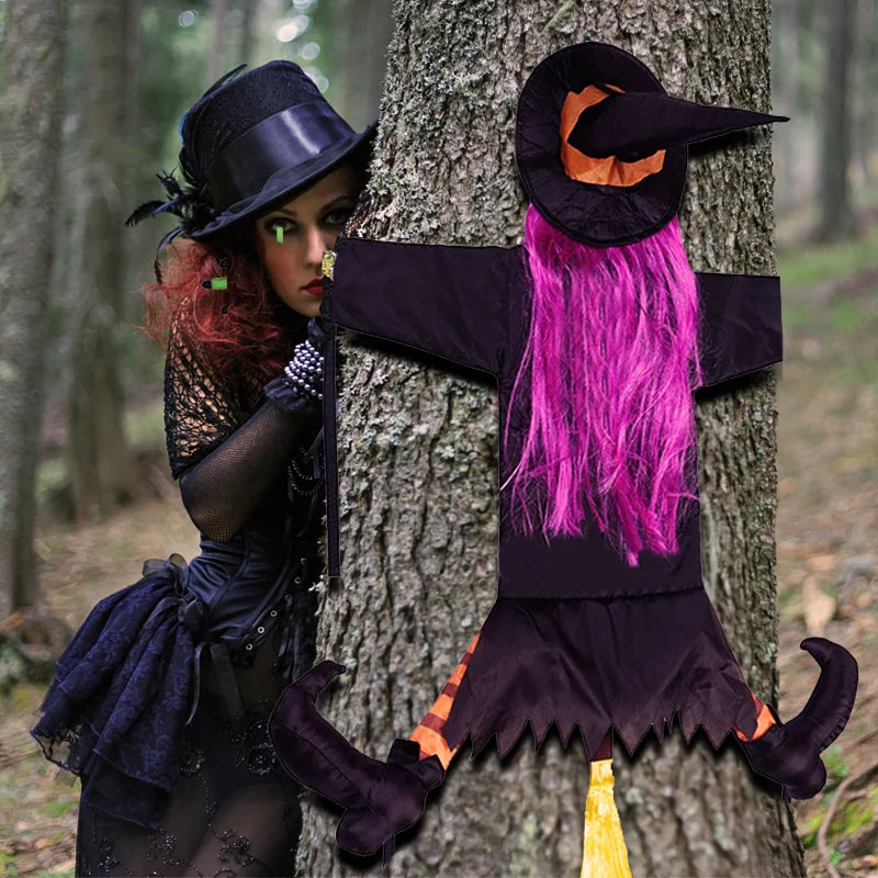 Halloween Witch Crashing Into Tree Decoration 2025 - Animated Witch Doll for Outdoor Yard, Porch & Door Spooky Decor
