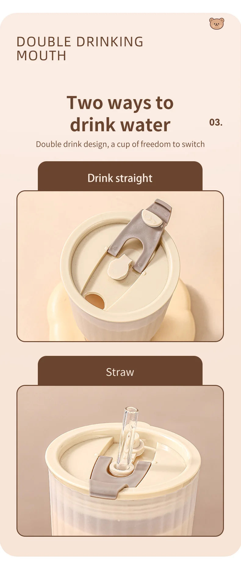 WORTHBUY Cute Bear Plastic Water Cup Large Capacity Water Bottle Travel Leak-proof Tumbler With Lid Portable Milk Coffee Cups