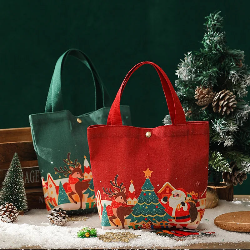 Christmas Portable Handbag Canvas Bag Christmas Eve Apples Gift Box Large Capacity Handheld Shopping Bag For Kids New Year Gift