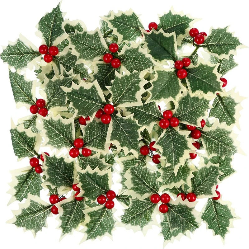 50/5Pcs Artificial Holly Berries With Green Leaves DIY Christmas Wreath Wedding Flower Gifts Xmas New Year Festival Decorations