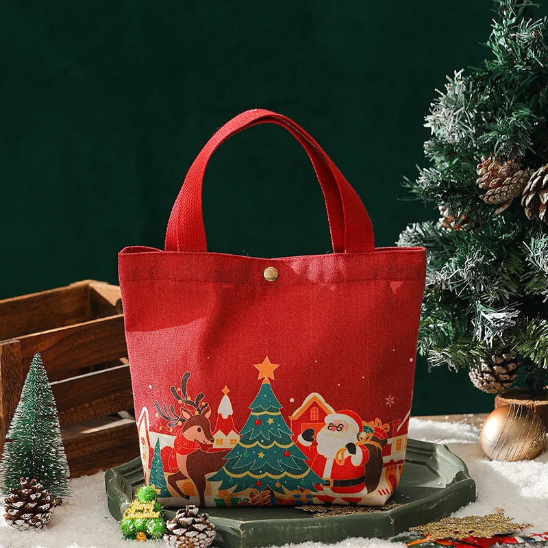 Christmas Portable Handbag Canvas Bag Christmas Eve Apples Gift Box Large Capacity Handheld Shopping Bag For Kids New Year Gift