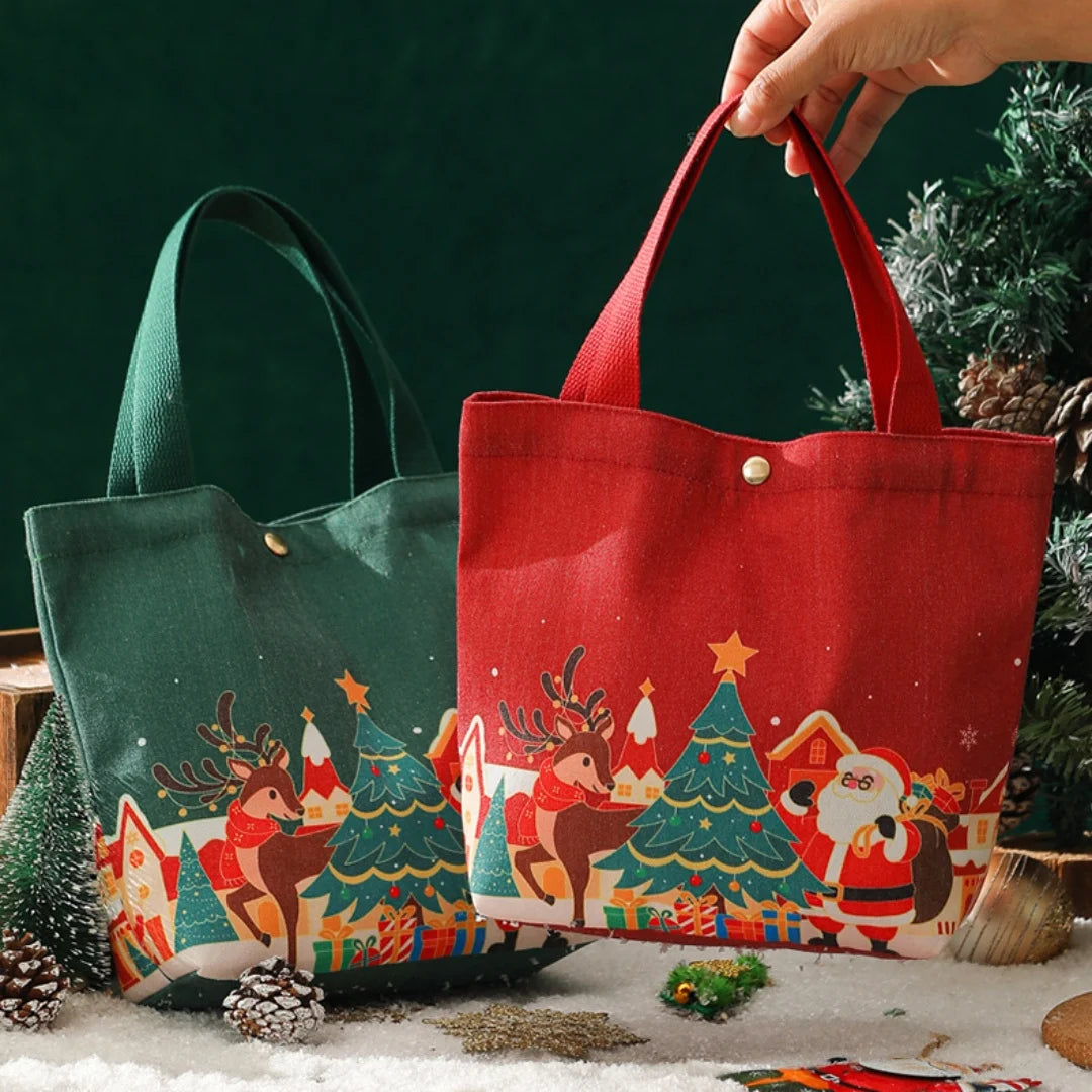 Christmas Portable Handbag Canvas Bag Christmas Eve Apples Gift Box Large Capacity Handheld Shopping Bag For Kids New Year Gift