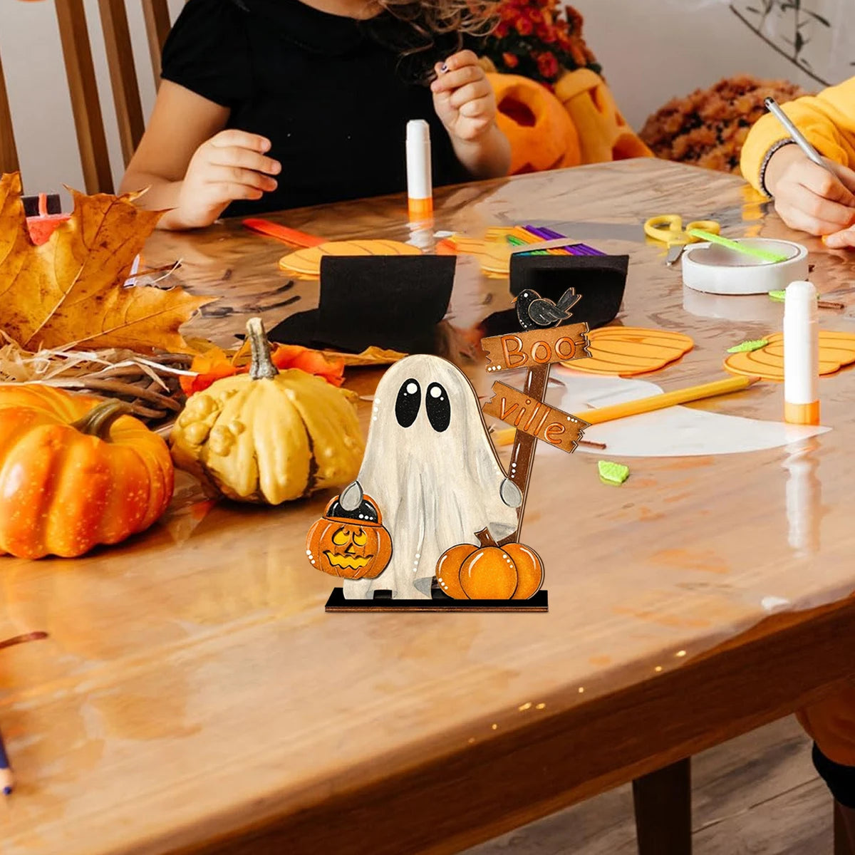 Halloween Wooden Ghost Decor with Pumpkin Bucket and 