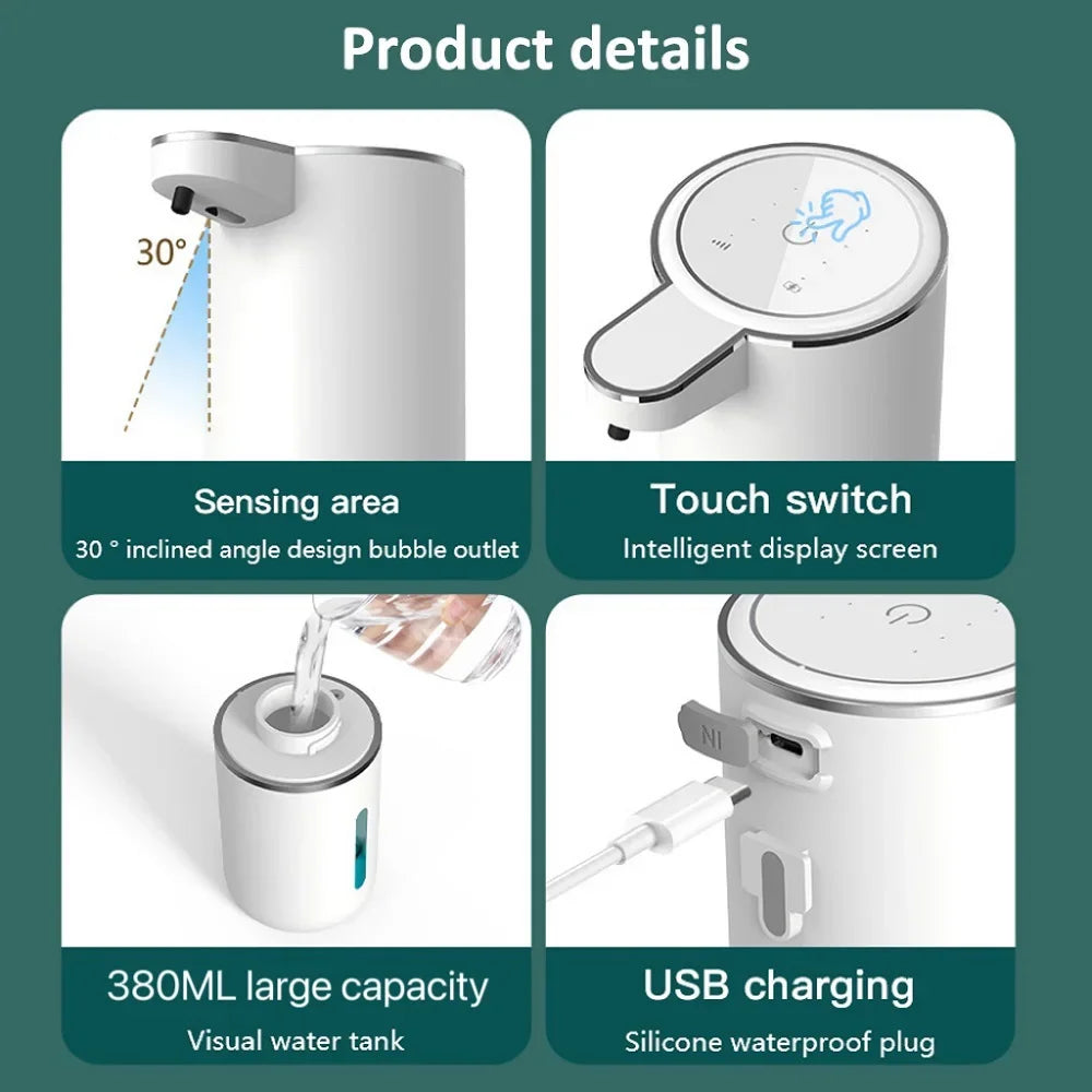 Automatic Soap Dispenser Touchless Foaming Soap Dispenser 380ml USB Rechargeable Electric 4 Level Adjustable Foam Soap Dispenser