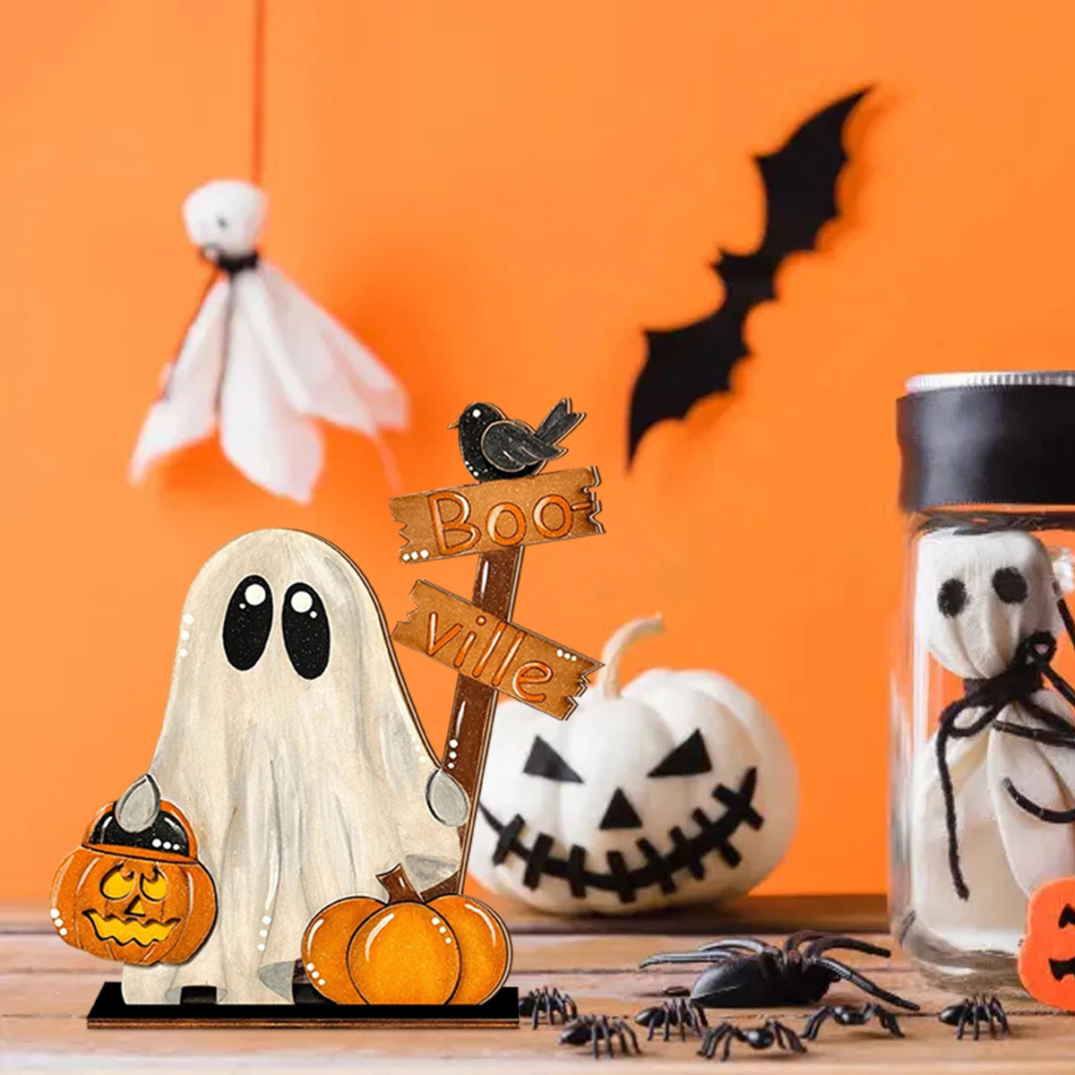 Halloween Wooden Ghost Decor with Pumpkin Bucket and 