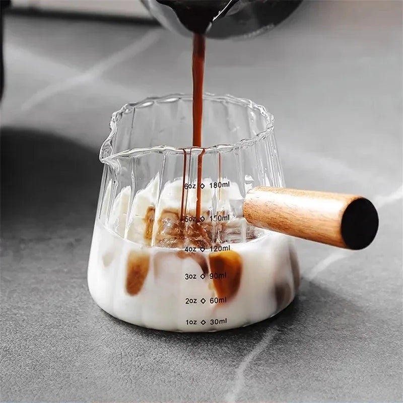 180ML Wood Handle Glass Espresso Measuring Cup Coffee Extraction Cup with scale High Temperature Resistance Milk Jug Measure Mug
