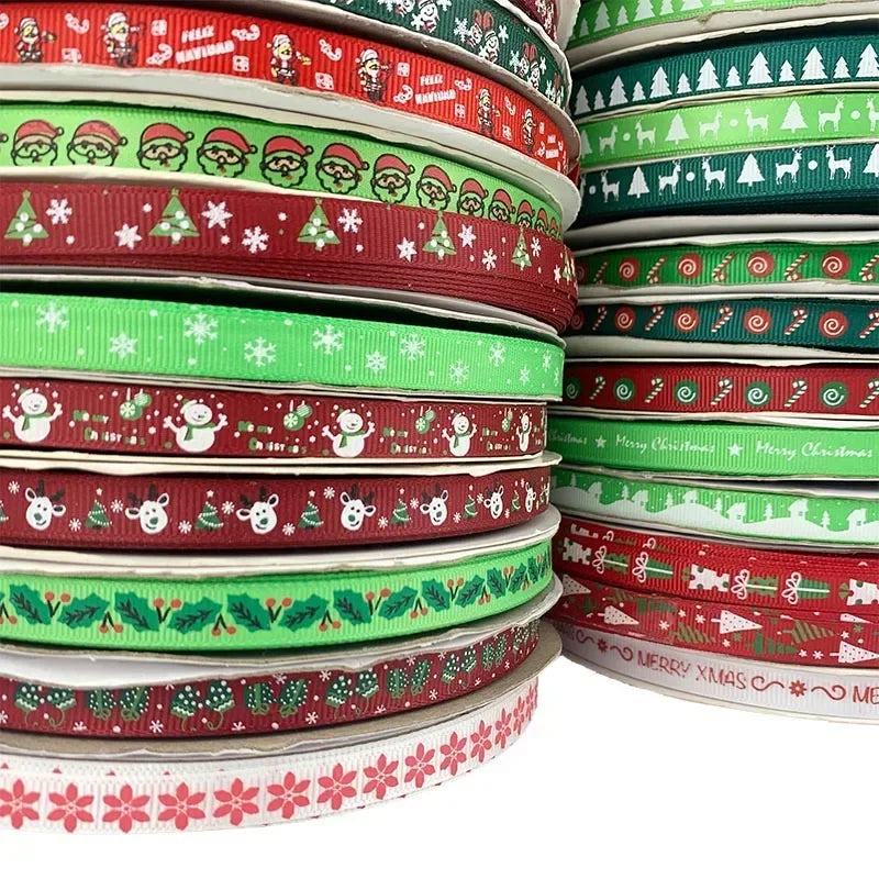 5 Yards/20 Yards 10MM Christmas Ribbon Printed Polyester Grosgrain Ribbons For Decor Gift Wrapping Hair Bows Ribbon For Crafts