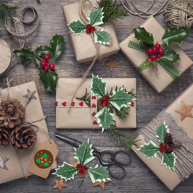 50/5Pcs Artificial Holly Berries With Green Leaves DIY Christmas Wreath Wedding Flower Gifts Xmas New Year Festival Decorations