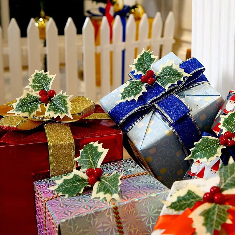 50/5Pcs Artificial Holly Berries With Green Leaves DIY Christmas Wreath Wedding Flower Gifts Xmas New Year Festival Decorations