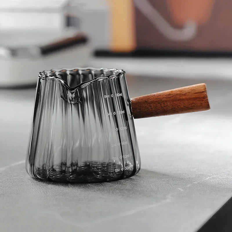 180ML Wood Handle Glass Espresso Measuring Cup Coffee Extraction Cup with scale High Temperature Resistance Milk Jug Measure Mug