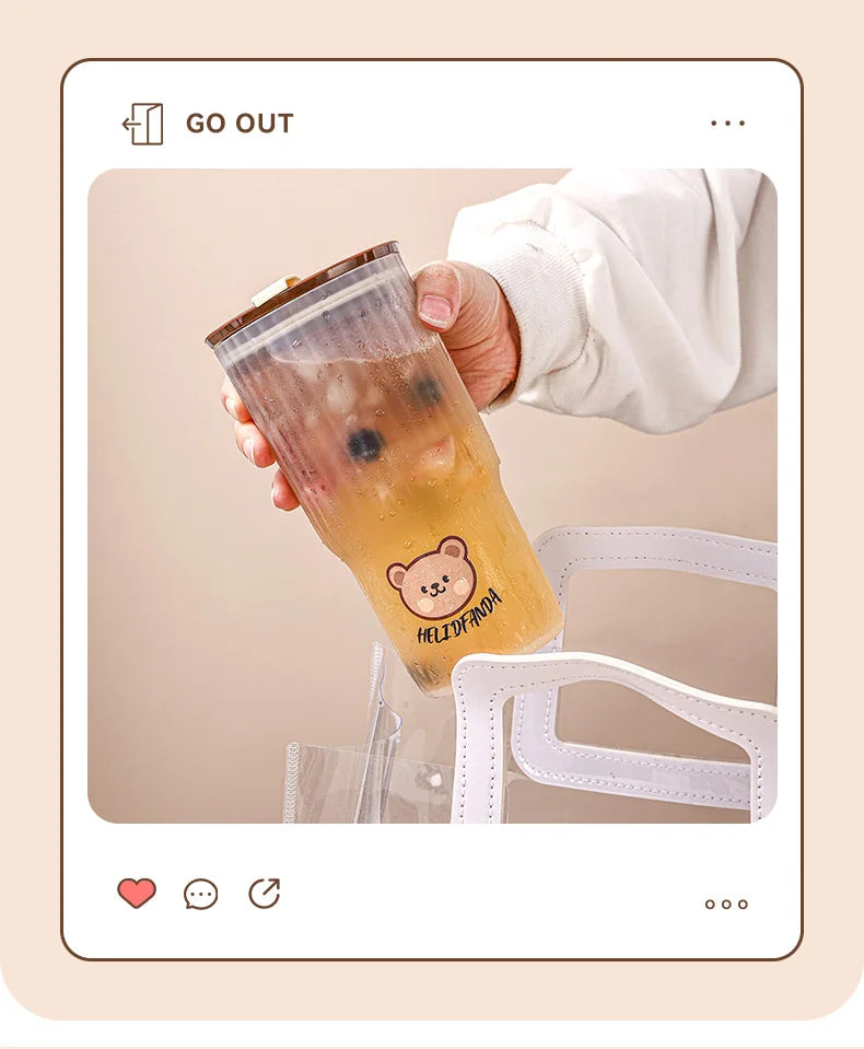WORTHBUY Cute Bear Plastic Water Cup Large Capacity Water Bottle Travel Leak-proof Tumbler With Lid Portable Milk Coffee Cups