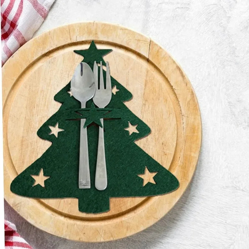 Cutlery Bag 4PCS Christmas Knife and Fork Holder Elk Xmas Tree Pocket Non-woven fabric Cookware Organizer Table Decor