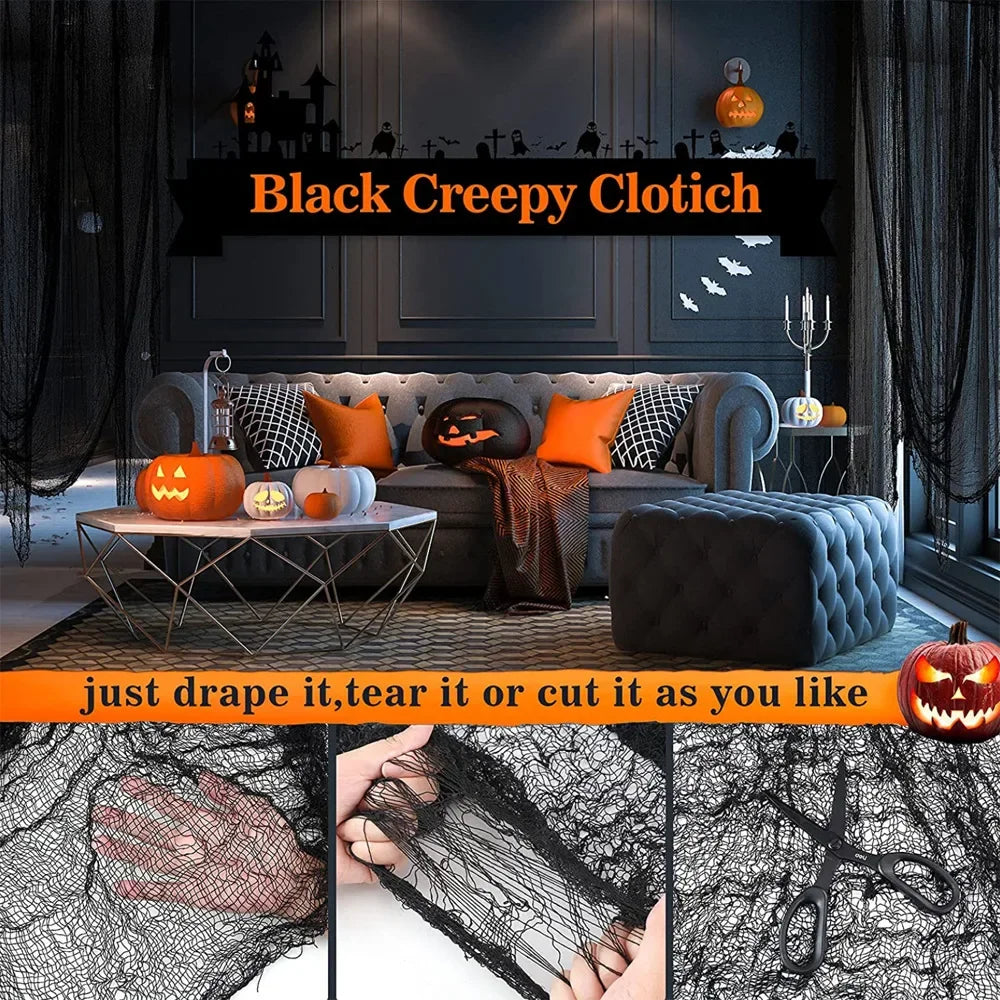 30×72inch Halloween Black Horror Cloth Spooky Fabric Cloth Halloween Decorations Haunted House Outdoor Hanging Scary Gauze Decor