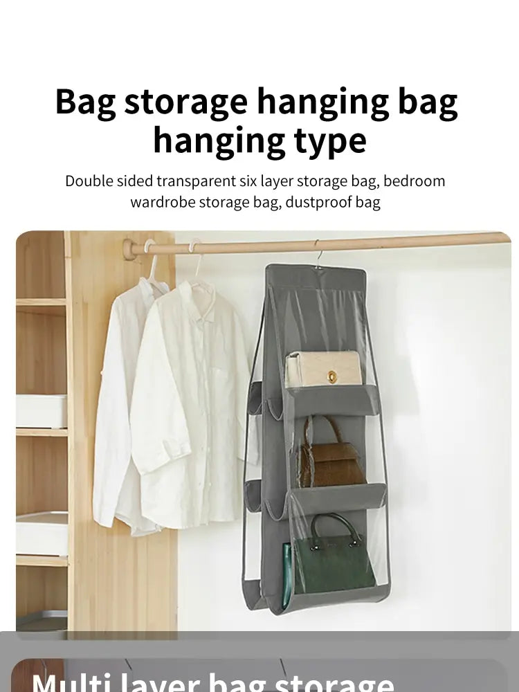 6 Pocket Hanging Handbag Organizer For Wardrobe Closet Gray Waterproof Storage Bag Door Wall Clear Sundry Bag With Hanger Pouch