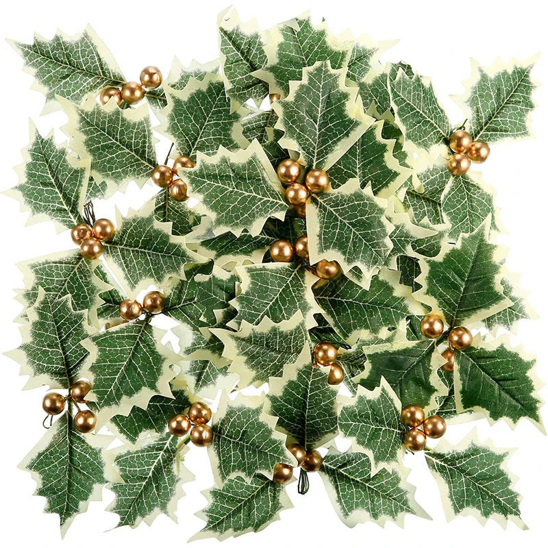 50/5Pcs Artificial Holly Berries With Green Leaves DIY Christmas Wreath Wedding Flower Gifts Xmas New Year Festival Decorations