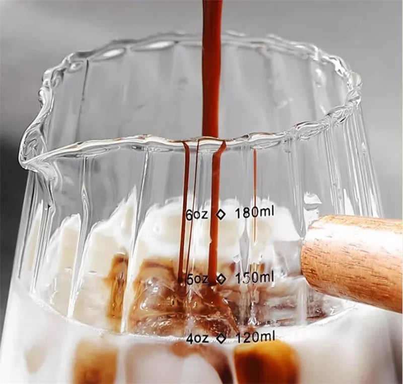 180ML Wood Handle Glass Espresso Measuring Cup Coffee Extraction Cup with scale High Temperature Resistance Milk Jug Measure Mug