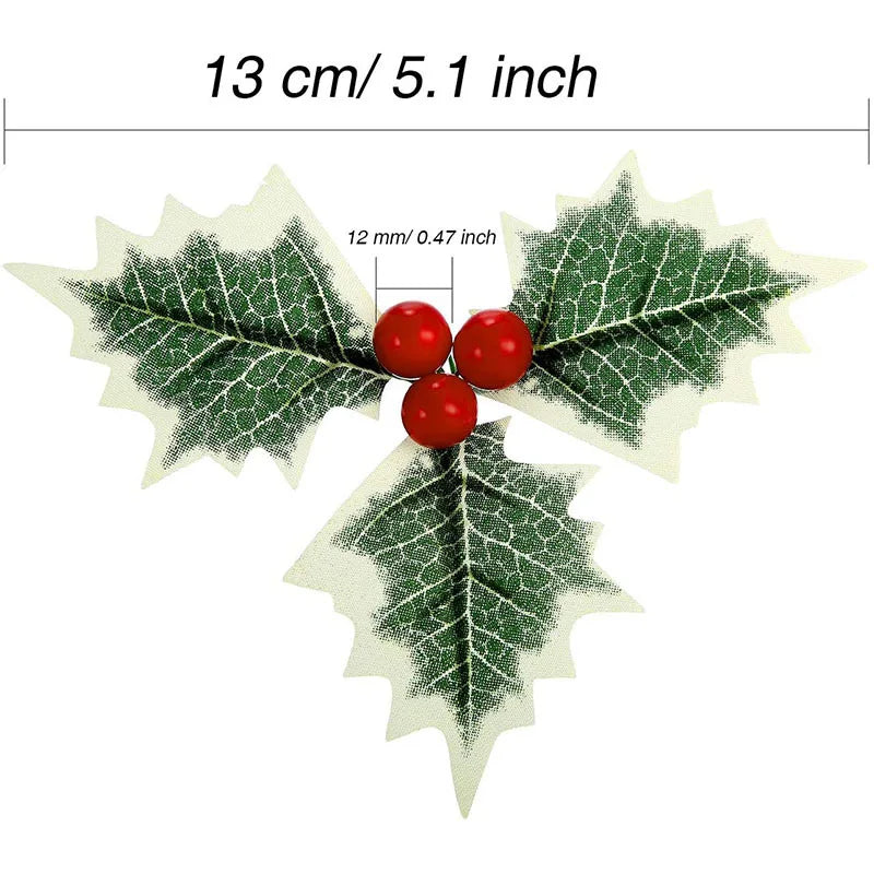 50/5Pcs Artificial Holly Berries With Green Leaves DIY Christmas Wreath Wedding Flower Gifts Xmas New Year Festival Decorations